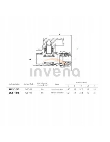 INVENA ZAWÓR KULOWY 1/2"x16 MINI DO PEX CZERWONY ZK-57-C15-C