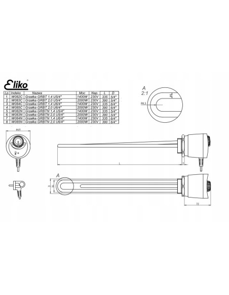ELIKO Grzałka elektryczna do bojlera 3,0 kW 5/4 cala