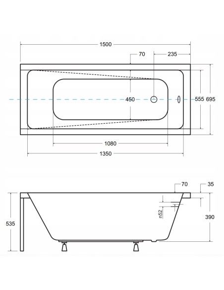 Wanna prostokątna akrylowa Besco Modern odpływ z boku 150 x 70 cm