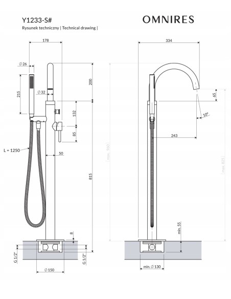 Bateria wannowa wolnostojąca Omnires mosiądz szczotkowany Y1233SBSB