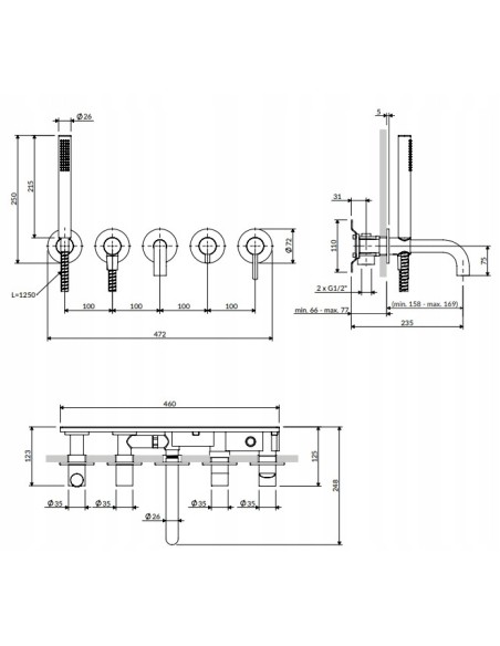 Bateria wannowa 5-otworowa podtynkowa Omnires czarny półmat Y1237-1SBL
