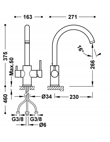 TRES Bateria kuchenna dwudrożna jednouchwytowa 23045302NM