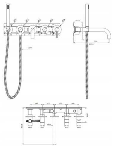 OMNIRES Bateria wannowa 5-otworowa podtynk nikiel szczotkowany Y1237-1NI