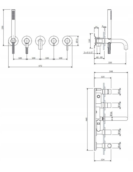 Bateria wannowa 5-otworowa podtynk OMNIRES miedź szczotkowana Y1237-1SCPB