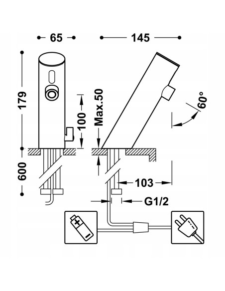 Bateria umywalkowa stojąca Tres Elektronic srebrny 39210301