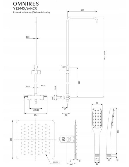 Zestaw prysznicowy natynkowy termostatyczny Omnires Uni Y1244X-6-KCR