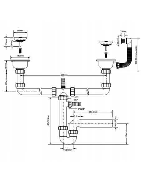 Syfon zlewozmywakowy MCALPINE podwójny, rurowy, chrom HC7HC12R-POL1