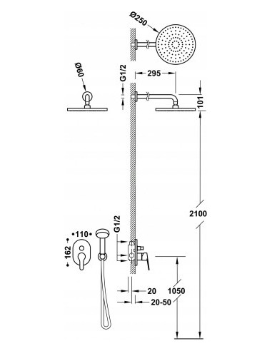Tres Zestaw baterii podtynkowej 2-drożnej prysznicowej srebrny 21599002