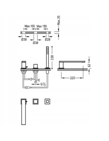Bateria wannowa nawannowa TRES Cuadro srebrny 00616104