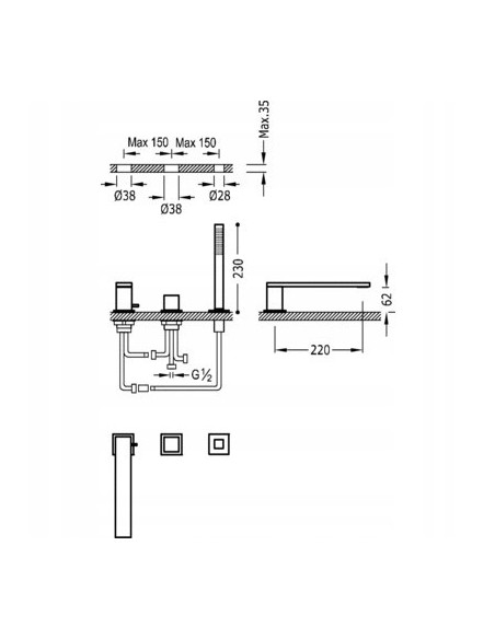 Bateria wannowa nawannowa TRES Cuadro srebrny 00616104