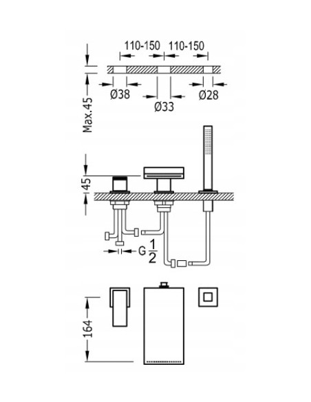 Bateria wannowa jednouchwytowa wolnostojąca Tres Cuadro srebrny 10616102
