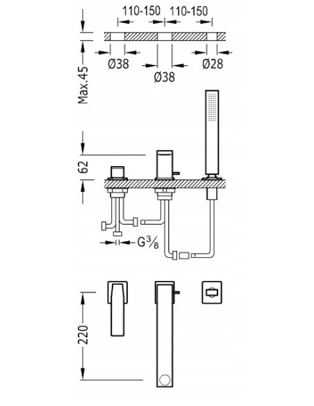 Bateria wanno-prysznicowa wolnostojąca Tres Slim Exclusive 20216103