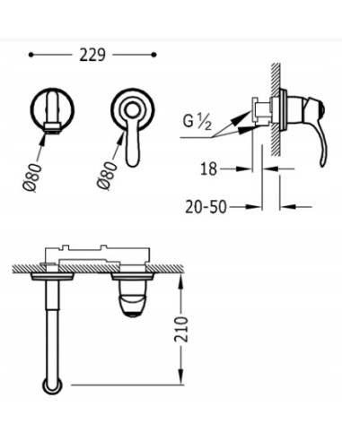 Bateria umywalkowa podtynkowa Tres TRES-CLASIC srebrny 24220001