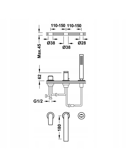 Bateria wannowa jednouchwytowa nawannowa Tres Project biały 21116101BM