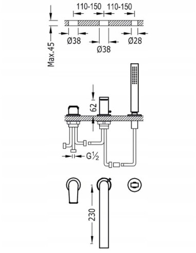 Bateria wannowa jednouchwytowa nawannowa Tres Project srebrny 21116103