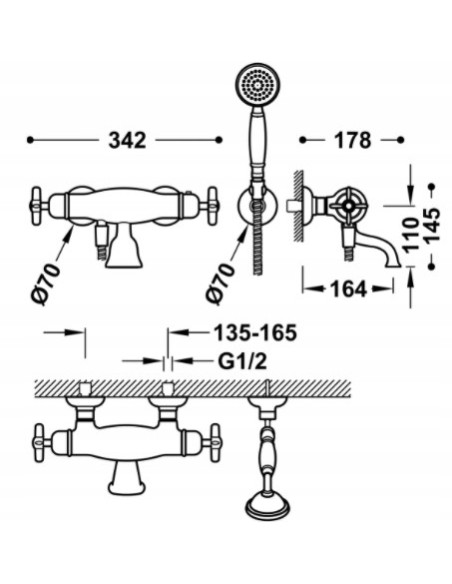 Bateria wannowo-prysznicowa ścienna Tres CLASIC srebrny 24217409