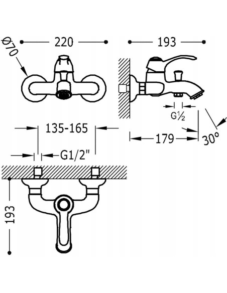 Bateria wanno-prysznicowa ścienna Tres Monoclasic srebrny 24217001