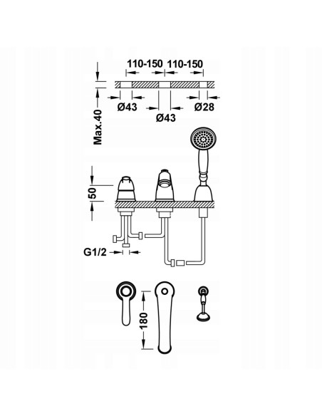 TRES Clasic Bateria jednouchwytowa wannowa złoto 24214501OR