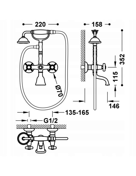TRES Clasic Bateria dwuuchwytowa ścienna złoto 24K 24217601OR