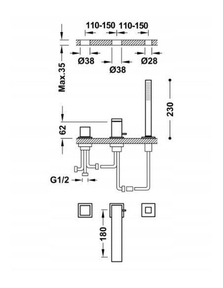 Bateria wannowa nawannowa Tres CUADRO srebrny 616106