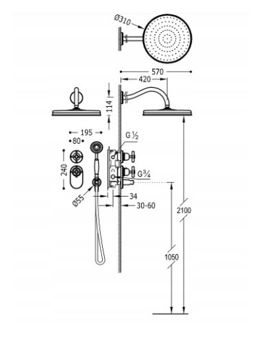 Zestaw prysznicowy podtynkowy Tres Monoclasic 24235202
