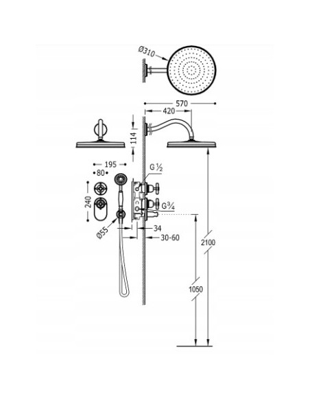 Zestaw prysznicowy podtynkowy Tres Monoclasic 24235202