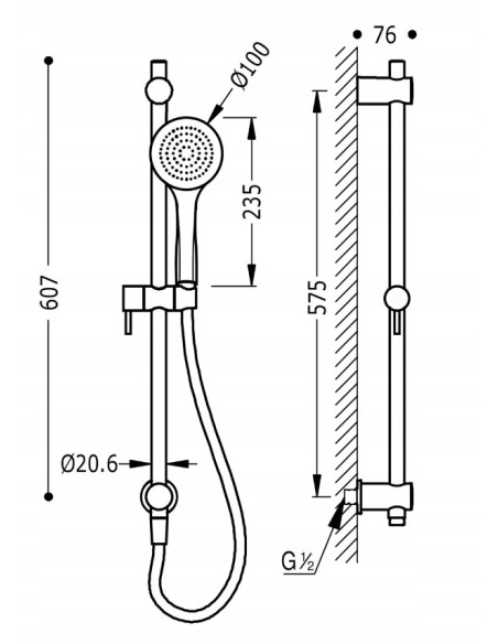 TRES Compl Ducha Zestaw drążek prysznicowy z przyłączem w ścianie 06193103