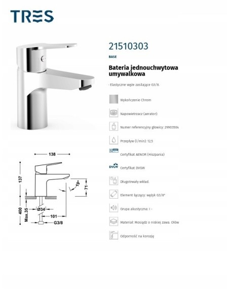 Bateria umywalkowa stojąca Tres Base srebrny 21510303