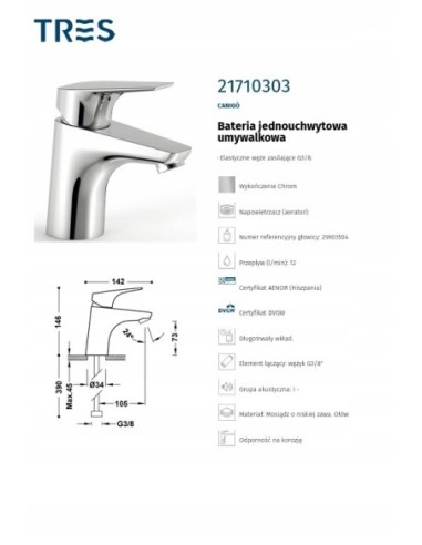 Bateria umywalkowa stojąca Tres srebrny 21710303