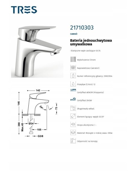 Bateria umywalkowa stojąca Tres srebrny 21710303