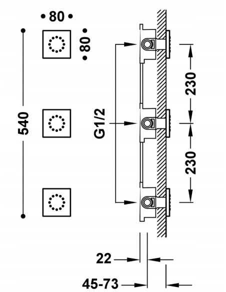 Zestaw prysznicowy 3 podtynkowe dysze z hydromasażem Tres złoty 13451501OR