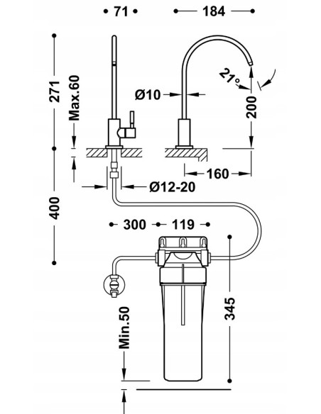 Bateria kuchenna stojąca TRES srebrny do wody filtrowanej czarna 23044002NM